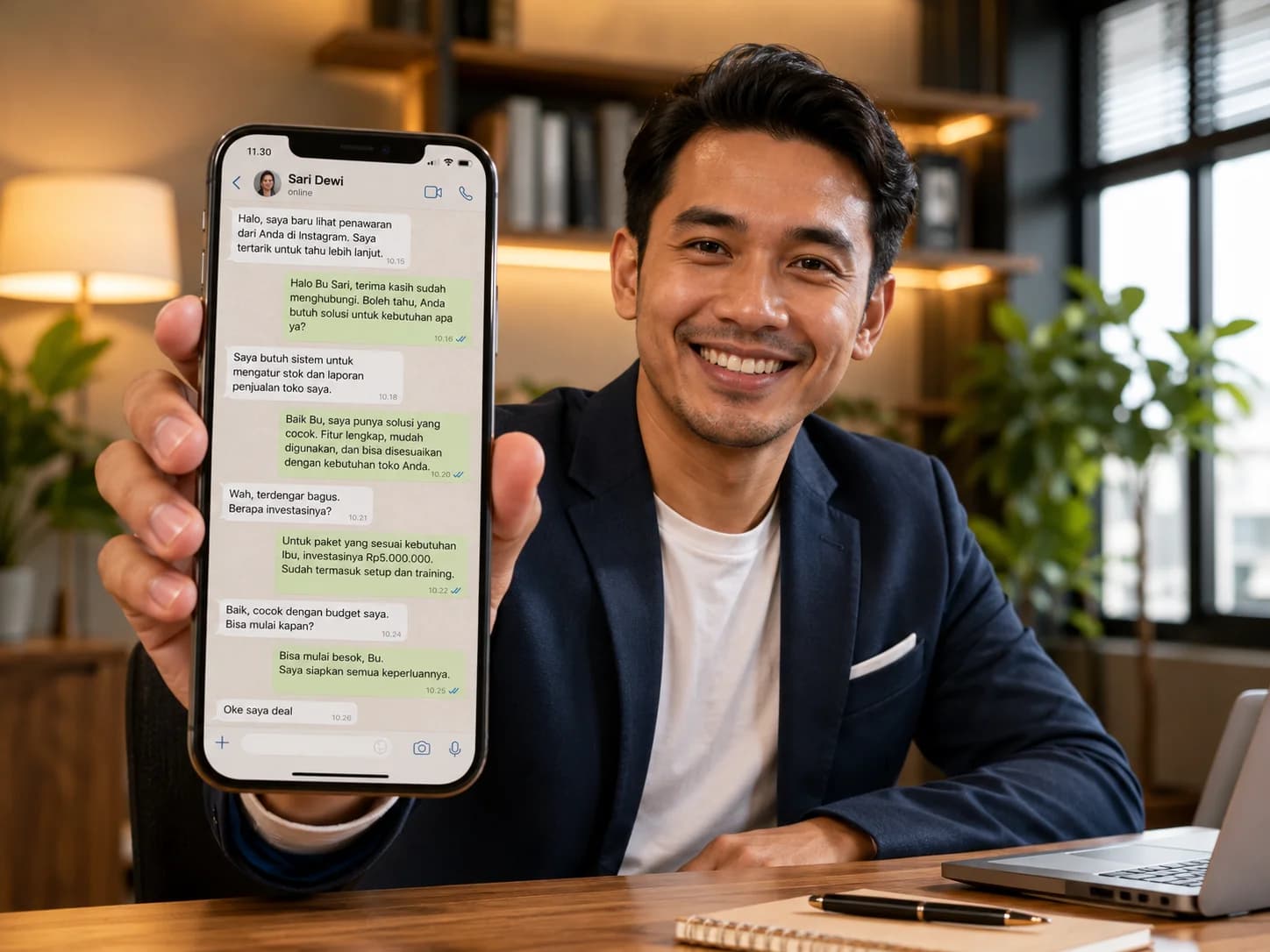 Entrepreneur happy hold phone tampilkan customer 'Sari Dewi' bilang 'Oke saya deal', warm office (Fitur 1 · Manfaat)