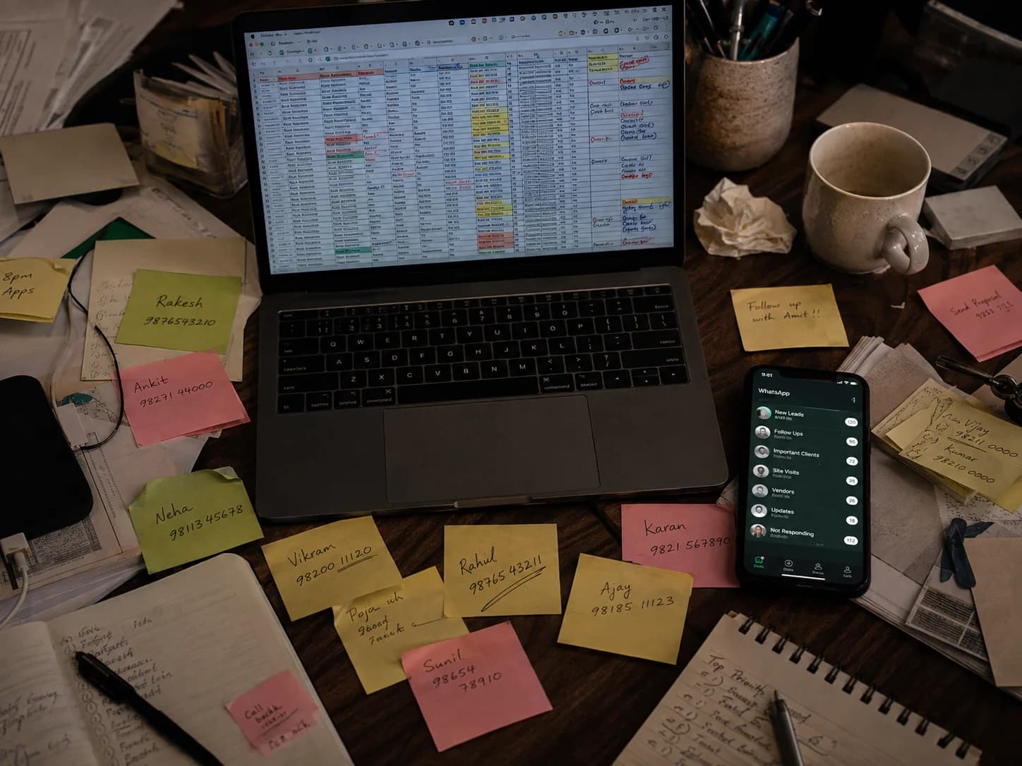 Messy desk: sticky notes tersebar, phone WA banyak unread, laptop spreadsheet berantakan (Fitur 5 · Pain)